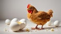 A chicken sits near an egg shell on a white. Isolated, character Royalty Free Stock Photo