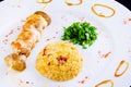 Chicken skewer: Chicken fillet, bell pepper, mushrooms, spicy couscous with vegetables and dried tomatoes with parsley Royalty Free Stock Photo