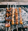 Chicken skewers on skewers on fire. Cooking meat outdoors in the open air Royalty Free Stock Photo
