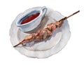 Chicken skewers on a plate next to a gravy boat with ketchup Royalty Free Stock Photo