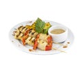 Grilled chicken skewers with potatoes and sauce Royalty Free Stock Photo