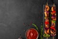 Chicken skewers with slices of sweet peppers and onion and rosemary with ketchup on black background. top view Royalty Free Stock Photo