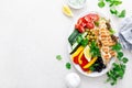 Chicken skewers souvlaki and fresh vegetables, olives on plate served with greek tzatziki yogurt sauce Royalty Free Stock Photo