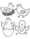 Chicken and small chick set, outline vector, easter illustration