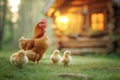 Chicken with small chicks on a free walk in front of the house. Ecological farm.