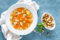 Chicken soup, bouillon with meat, pasta and vegetables Royalty Free Stock Photo