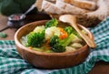 Chicken soup with broccoli, green peas, carrots and celery Royalty Free Stock Photo