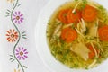 Chicken soup or broth with noodels, chicken meat pieces , carrot slices and herbs Royalty Free Stock Photo