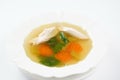 Chicken soup, chicken broth, with pieces of chicken and vegetables. Chicken bouillon, boiled meat Royalty Free Stock Photo