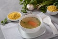 Chicken soup , chicken broth, with pieces of chicken and vegetables and shkedei marak an Israeli food product Royalty Free Stock Photo