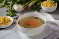 Chicken soup , chicken broth, with pieces of chicken and vegetables and shkedei marak an Israeli food product Royalty Free Stock Photo