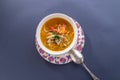 Chicken soup with noodles and paprika in bowl on royal blue background