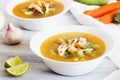 Chicken soup and in white bowl mexican food broth in mexico city