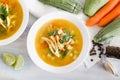 Chicken soup and in white bowl mexican food broth in mexico city