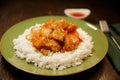 chicken in sour sweet sauce with crumbly white rice Royalty Free Stock Photo