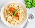 Chicken Spaghetti Pasta with Fresh Basil Leaves on White Background Top Down Horizontal Photo Royalty Free Stock Photo