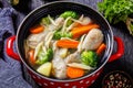 Chicken vegetable soup with pasta in red pot Royalty Free Stock Photo