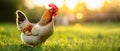 A chicken standing on a green field during sunrise. Generative ai. Royalty Free Stock Photo