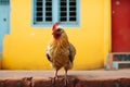 a chicken is standing on a ledge in front of a colorful building