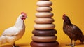 A chicken standing next to a stack of donuts. Generative AI image. Royalty Free Stock Photo