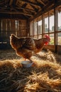 A Single Brown Chicken Standing in a Rustic Barn Eating From a Bowl Royalty Free Stock Photo
