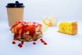 Chicken Steak Burger with Chili and Tomato Sauce with bread and hot coffee on white background isolated Royalty Free Stock Photo