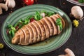 Chicken steak roasted and salad, food photography. Black background. Top view Royalty Free Stock Photo