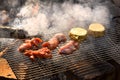 Chicken steaks on a grill grid over a campfire, white smoke, grilled meat and Camembert cheese over a campfire. Summer barbecue Royalty Free Stock Photo