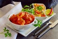 Chicken stew with pineapple and chili tomato sauce in a white bowl Royalty Free Stock Photo