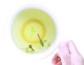 Chicken stock in a white bowl on white background. Chicken stock served with fresh colourful herbs. Chicken broth view from above