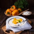 Chicken strips with rice and sweet mirabelle in curry sauce Royalty Free Stock Photo