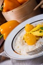 Chicken strips with rice and sweet mirabelle in curry sauce Royalty Free Stock Photo