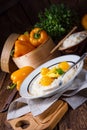 Chicken strips with rice and sweet mirabelle in curry sauce Royalty Free Stock Photo