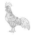 Chicken stylized for coloring book for adult, rooster tattoo, T- shirt design, cards and design element. vector illustration