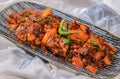 chicken sukka fried served in dish isolated on food table top view of middle east spices