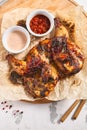 Chicken tabaka restaurant food dish. Rustic style fried food on white old table. Rustic, restaurant, grilled food concept Royalty Free Stock Photo