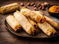 Chicken tamales wrapped in corn husks in a stack on a cutting board