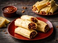 Chicken tamales wrapped in corn husks in a stack on a cutting board