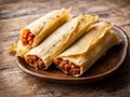 Chicken tamales wrapped in corn husks in a stack on a cutting board