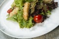 Chicken Tempura Salad on white marble plate, stone anthracite background Royalty Free Stock Photo
