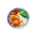 Chicken teriyaki with rice and vegetables, watercolor illustration isolate.