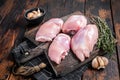 Chicken thigh fillet, Raw Boneless and skinless meat on a cutting board. Wooden background. Top view