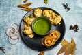 Chicken tikka boti kabab with melted butter and chili sauce served in a dish isolated on grey background top view of bangladesh Royalty Free Stock Photo