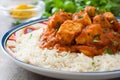 Chicken tikka masala with basmati rice on wood Royalty Free Stock Photo