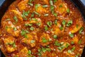 Chicken tikka masala close up texture, traditional spicy meat food