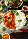 Chicken tikka masala curry with rice and naan bread Royalty Free Stock Photo