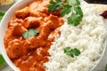 Chicken tikka masala curry with rice and naan bread. close up Royalty Free Stock Photo