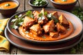 Chicken tikka masala displayed on a rustic earthenware plate, bright orange sauce clinging to succulent pieces