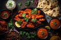 Chicken tikka masala chicken tikka, Indian food, Indian food feast with chicken tikka masala curry, tandoori chicken, and Royalty Free Stock Photo