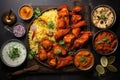 Chicken tikka masala chicken tikka, popular Indian food, Indian food feast with chicken tikka masala curry, tandoori chicken, Royalty Free Stock Photo